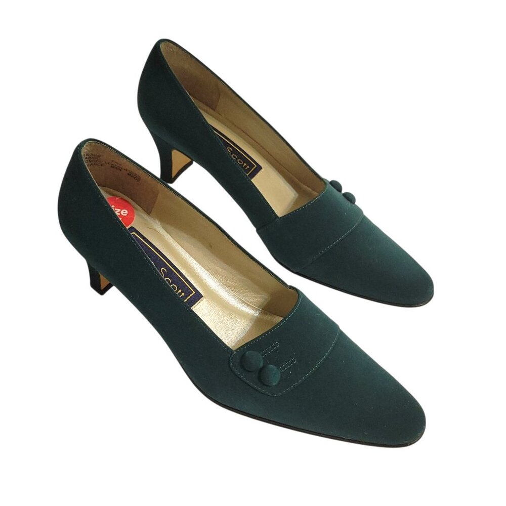 Vintage Laura Scott Green Satin Kitten Heel Shoes Size 6.5 With Button Detail - Picture 11 of 16